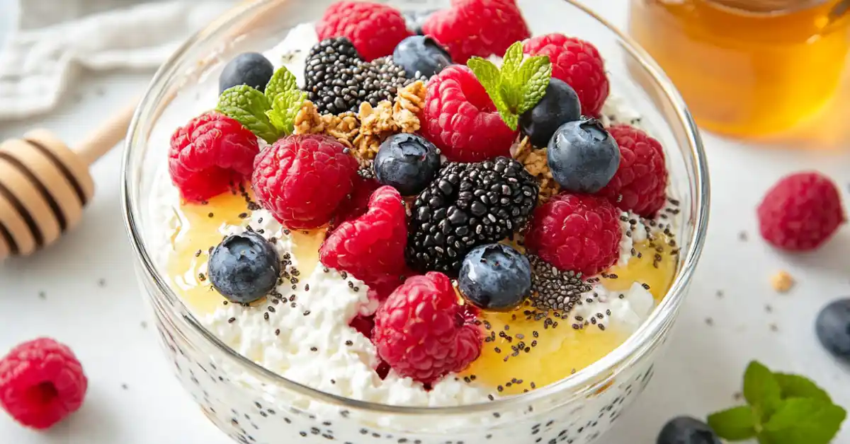 Bowl of cottage cheese topped with fresh berries, honey drizzle, chia seeds, and granola in a bright kitchen setting – a healthy no-bake dessert.