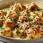 Creamy chicken bites in a garlic butter sauce, garnished with parsley, served in a white skillet on a rustic table.