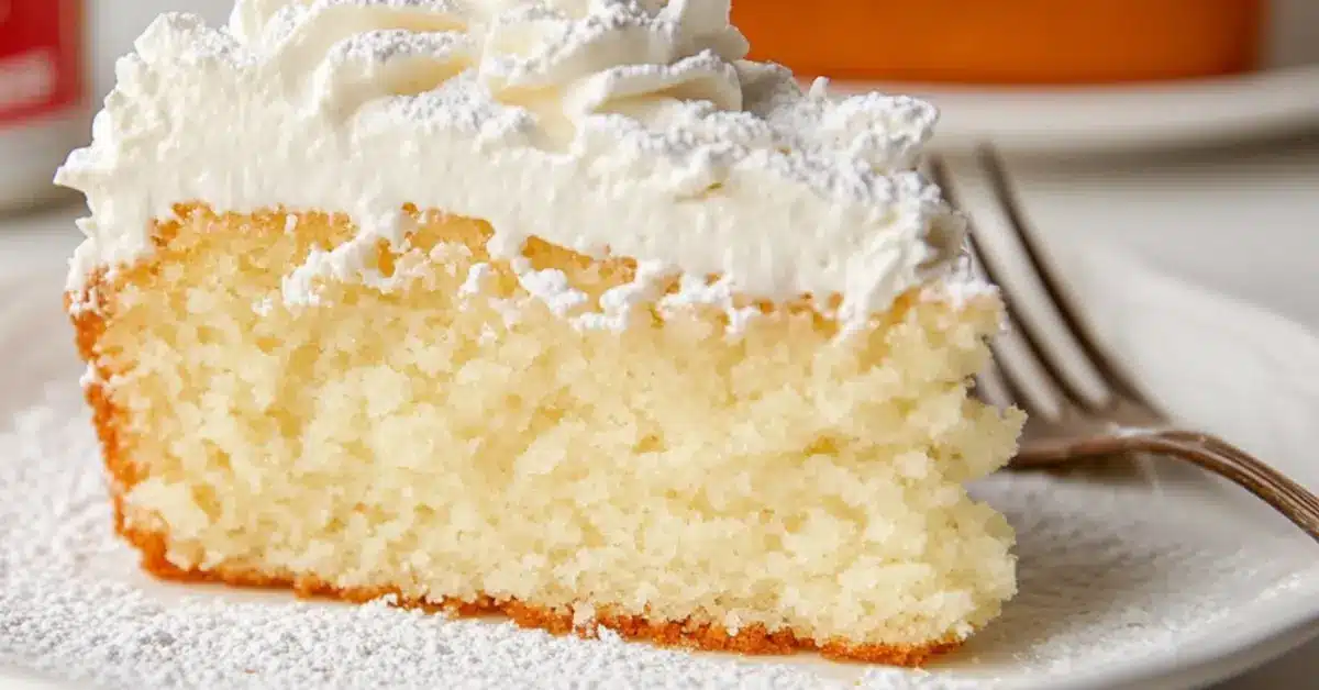 Moist, fluffy cake made using Soda to Boxed Cake Mix, topped with glaze and sprinkles, served on a white plate with a gold fork beside it.