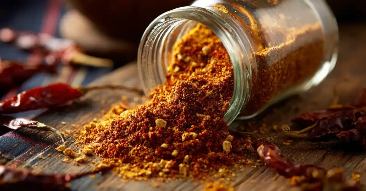 A tipped-over glass spice jar spilling a vibrant mix of Southwest Spice Blend; chili powder, cumin, paprika, and garlic powder on a rustic wooden table, with soft natural light, dried chili peppers, a mortar and pestle, and a southwestern-style napkin in the background.