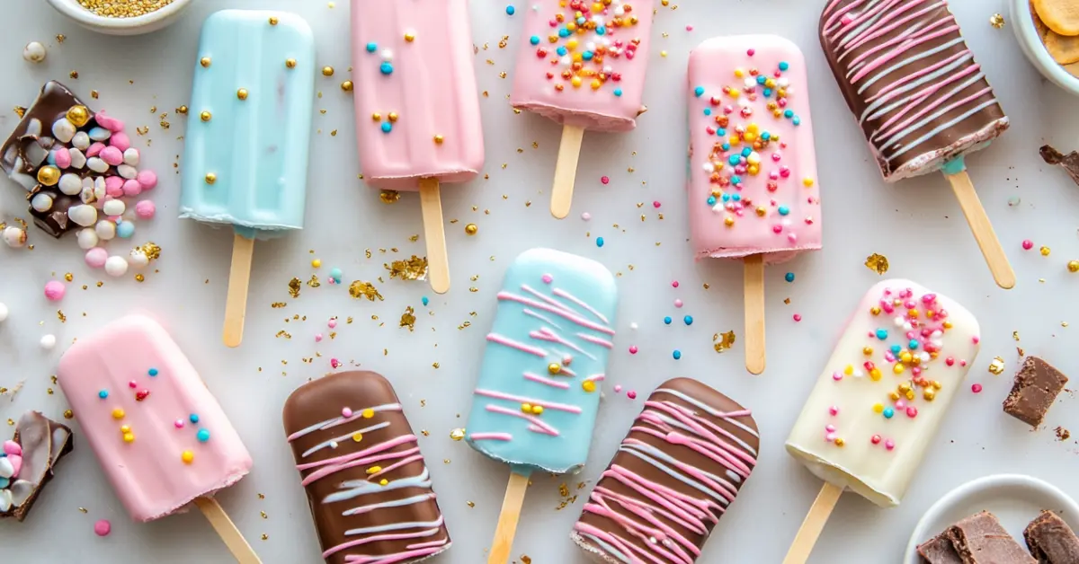 Decorated cake popsicles on a tray, coated in colorful chocolate with sprinkles and drizzle, perfect for parties or homemade desserts.