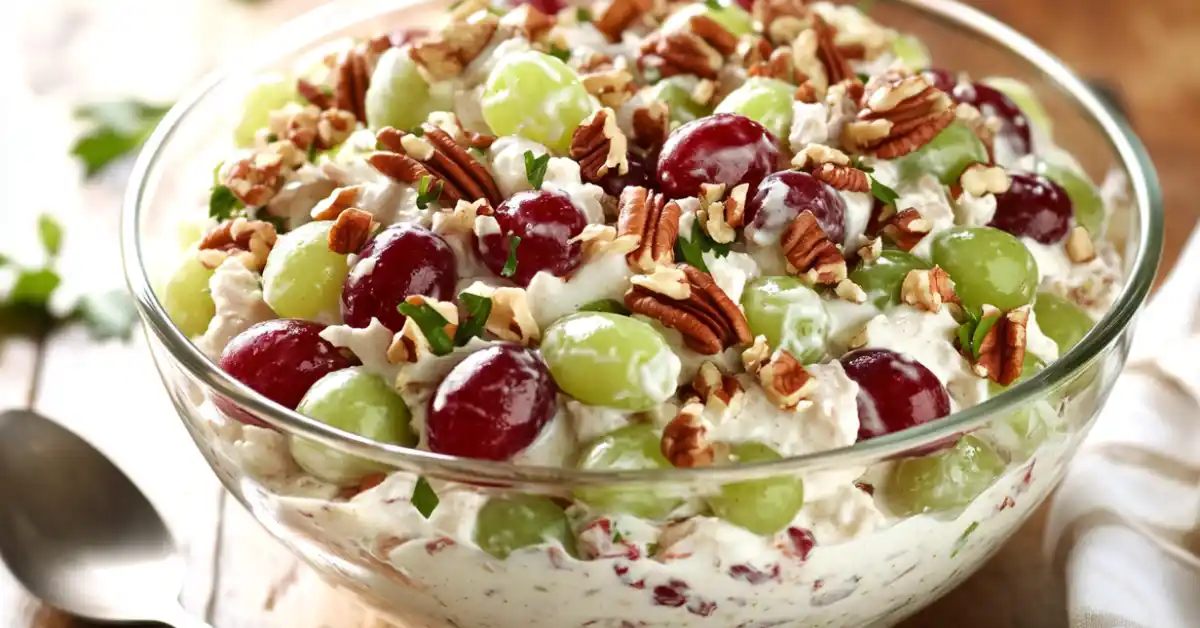 A glass bowl filled with Chicken Salad Chick’s famous grape salad, featuring red and green grapes coated in a creamy dressing and topped with brown sugar and chopped pecans, set on a rustic wooden table.