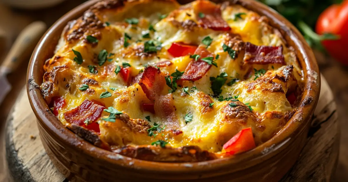 Golden sourdough breakfast bake with cheese, bacon, and vegetables in a ceramic baking dish