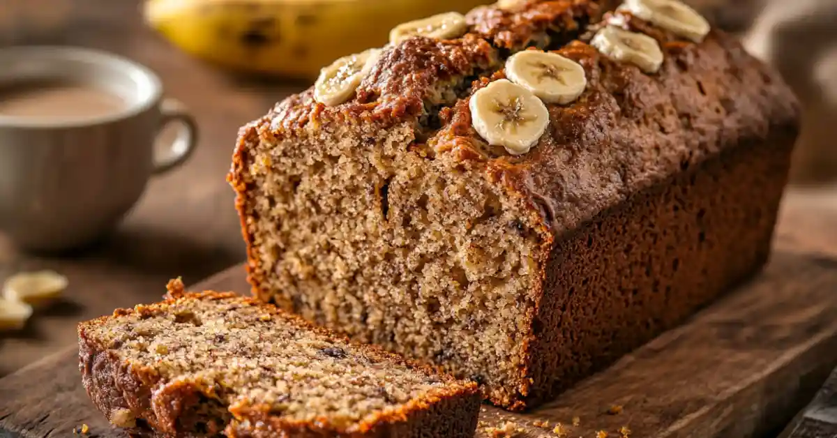 Freshly sliced banana bread without baking soda on a wooden board, showing a moist texture with optional walnuts and a golden brown crust