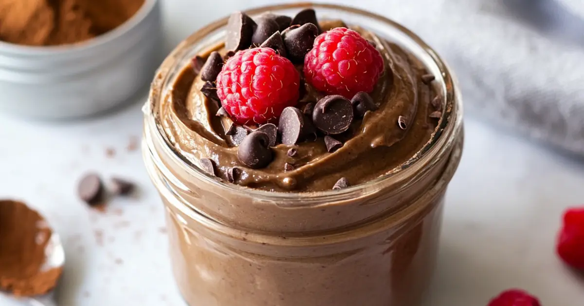 High-protein chocolate cottage cheese dessert in a glass jar, topped with dark chocolate chips and fresh raspberries, with a spoon on the side.