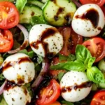 Fresh Caprese-style cucumber tomato mozzarella salad in a white bowl, featuring cherry tomatoes, sliced cucumbers, mozzarella balls, fresh basil, and a drizzle of balsamic glaze.