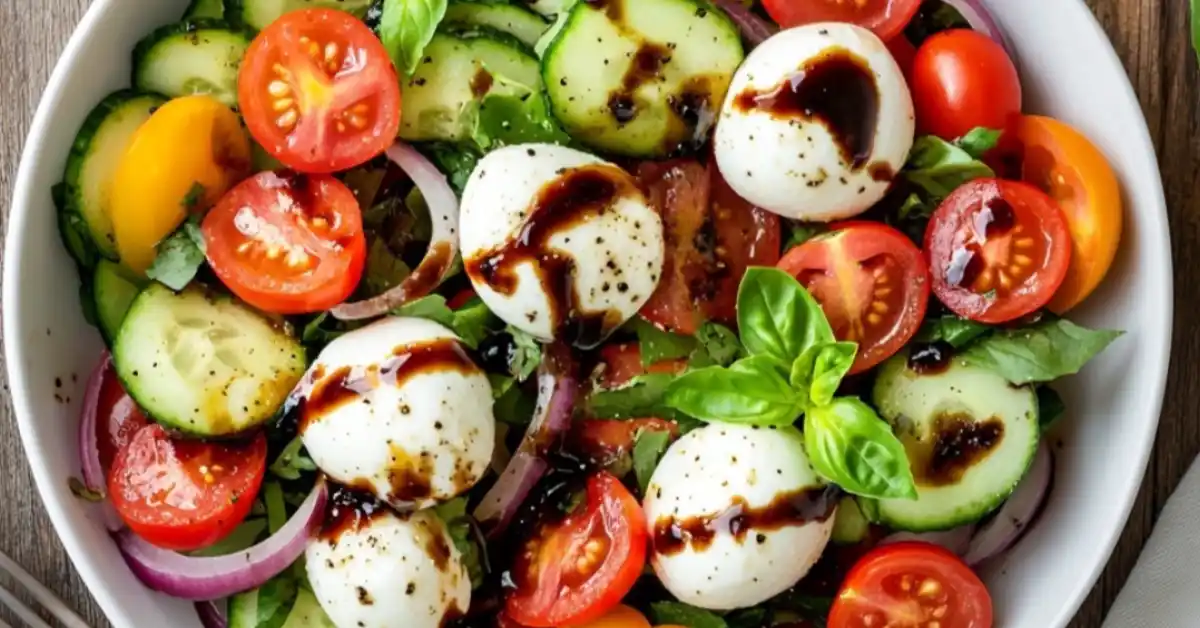 Fresh Caprese-style cucumber tomato mozzarella salad in a white bowl, featuring cherry tomatoes, sliced cucumbers, mozzarella balls, fresh basil, and a drizzle of balsamic glaze.