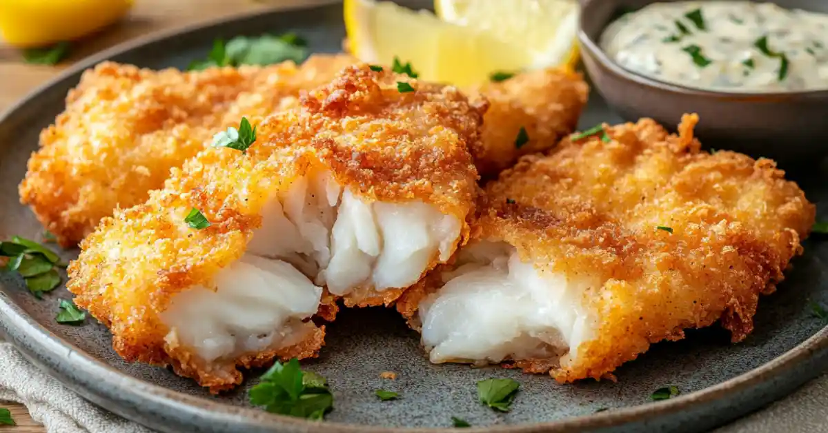 Golden, crispy fried cod fillets served on a rustic plate with lemon wedges, tartar sauce, and fresh parsley, showcasing the flaky white interior of the fish.