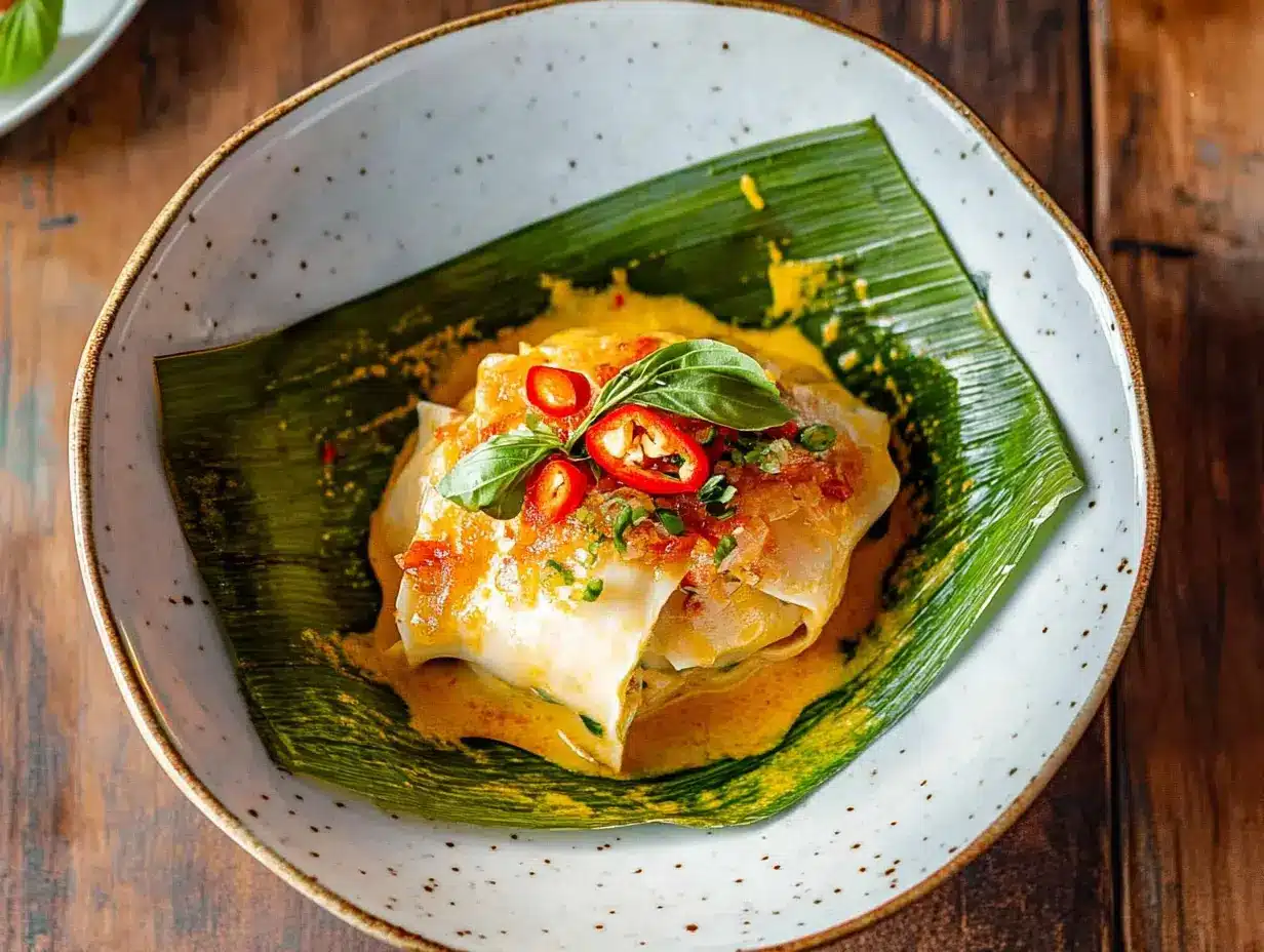 Cambodian Fish Amok curry served in a palm leaf bowl, garnished with coconut cream, red chili slices, and kaffir lime leaves on a rustic wooden surface