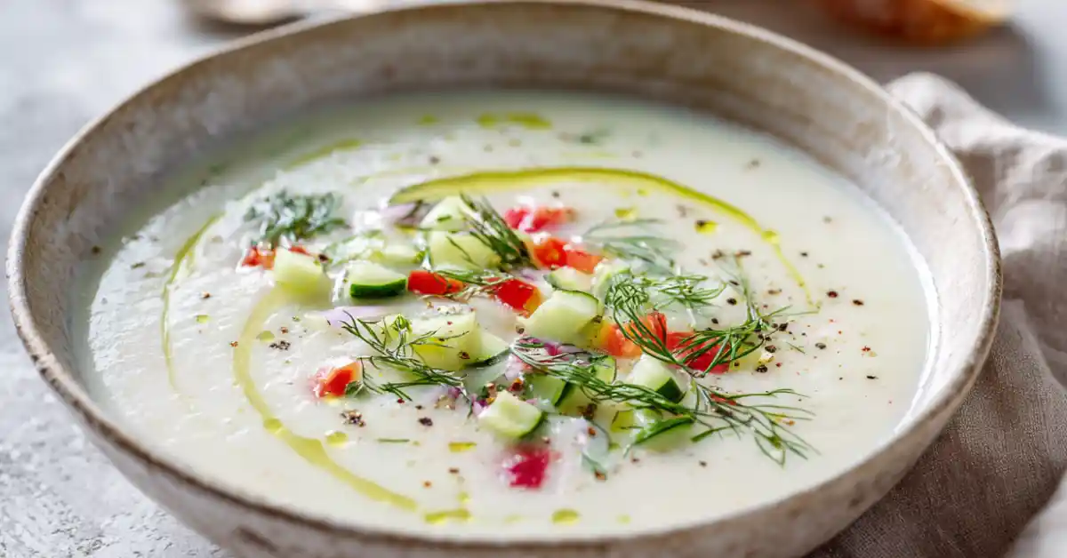 A bowl of white gazpacho garnished with diced cucumber, tomato, fresh herbs, and a drizzle of olive oil, served chilled in a ceramic bowl on a light table.