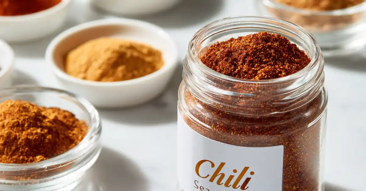 Glass jar of homemade chili seasoning surrounded by measured spices like chili powder, cumin, and paprika on a clean kitchen surface.