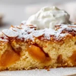 Moist quince cake slice with visible poached quince pieces, lightly dusted with powdered sugar and served with whipped cream on a white plate.