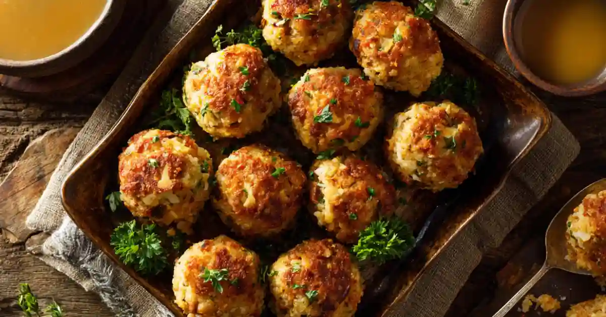 Golden-brown stuffing balls on a baking sheet, garnished with herbs and ready to serve as a holiday side dish.