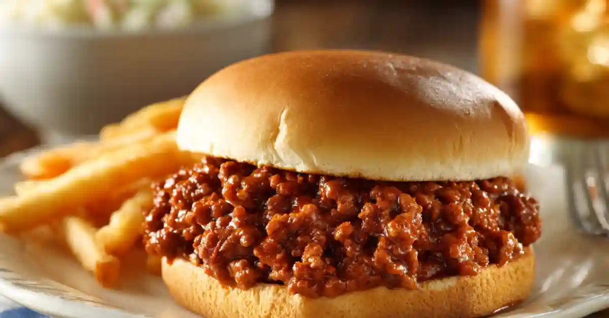 Homemade sloppy joes sandwich with saucy ground beef on a toasted bun, served with fries on a rustic plate.