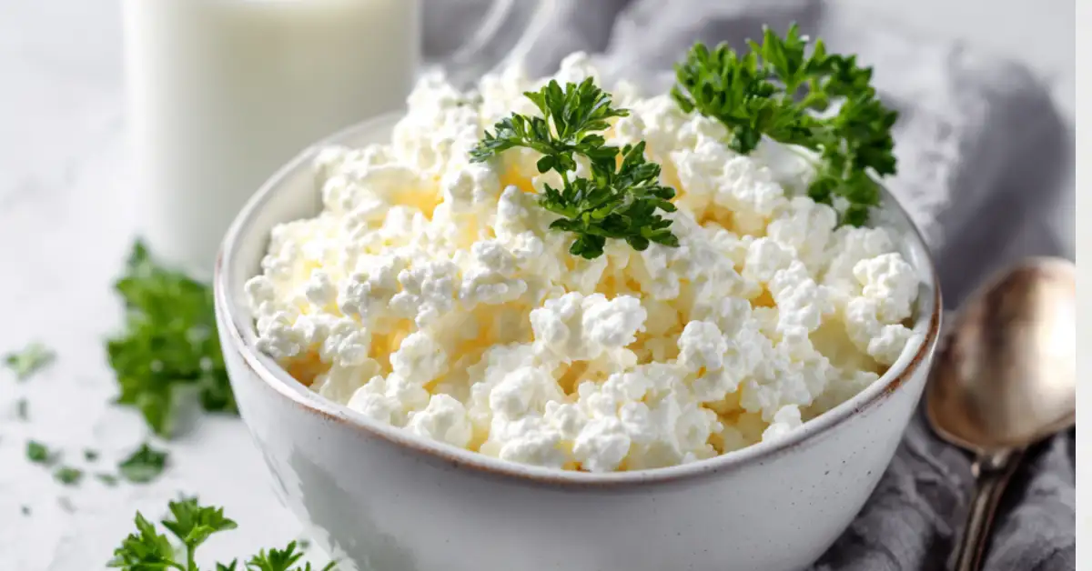 Close-up of creamy lactose-free cottage cheese in a white bowl, garnished with parsley, on a marble surface with a spoon and glass of milk alternative.
