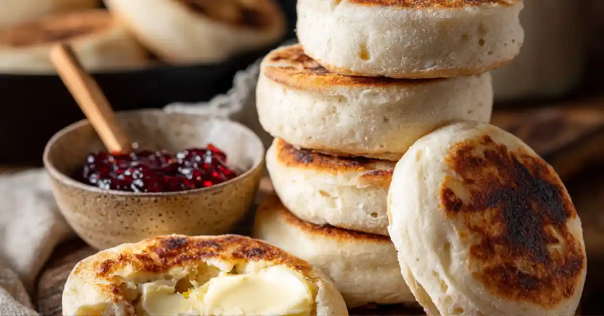 Golden brown sourdough discard English muffins stacked on a wooden board, with one muffin split open and topped with melting butter.