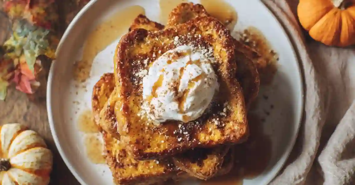 Golden slices of pumpkin French toast stacked on a white plate, topped with whipped cream and drizzled with maple syrup.