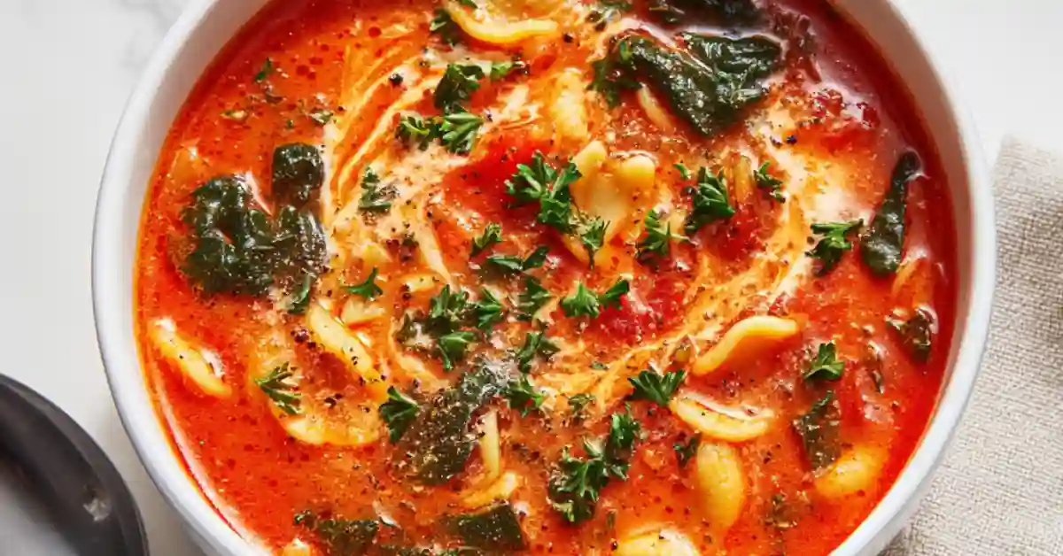 Tomato Florentine Soup in a white bowl with spinach, pasta, and a swirl of cream.