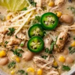 Bowl of creamy white chicken chili topped with shredded cheese, jalapeños, and cilantro, served with lime and tortilla chips on the side.