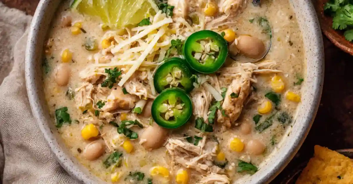 Bowl of creamy white chicken chili topped with shredded cheese, jalapeños, and cilantro, served with lime and tortilla chips on the side.