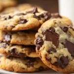 Freshly baked soft and chewy chocolate chip cookies cooling on a wire rack, golden brown edges with melted semi-sweet chocolate chips.