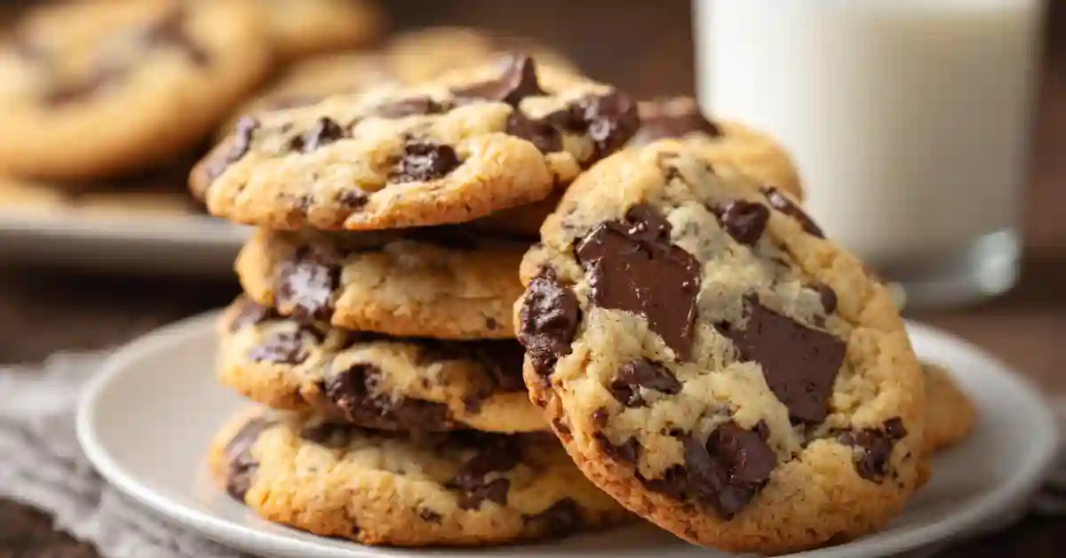 Freshly baked soft and chewy chocolate chip cookies cooling on a wire rack, golden brown edges with melted semi-sweet chocolate chips.