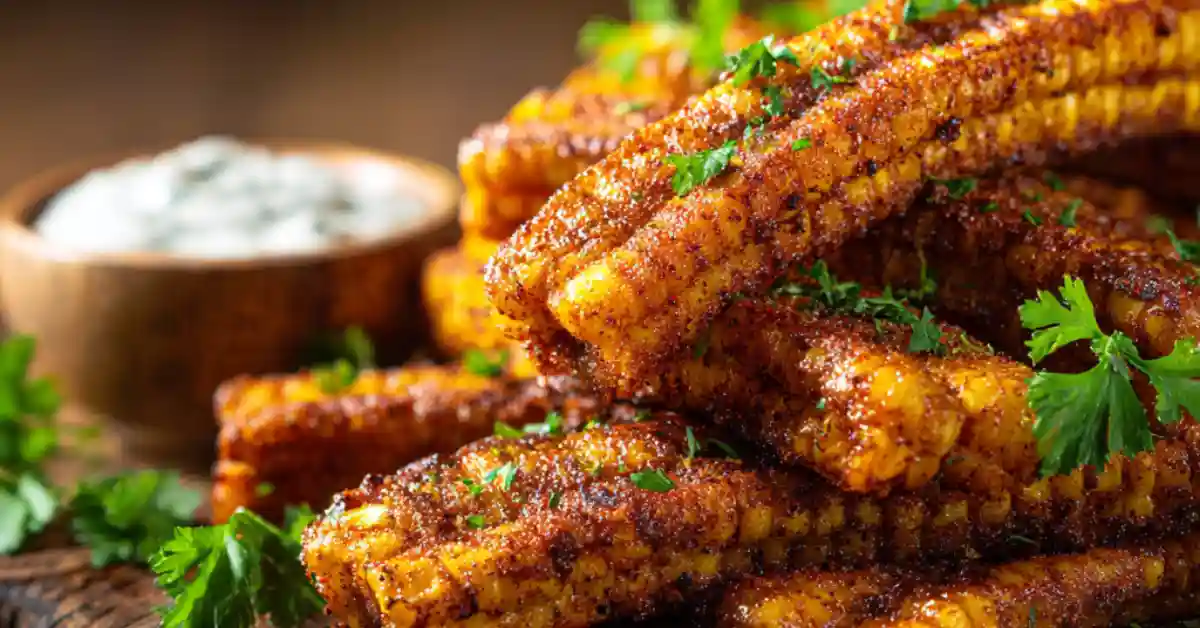 Golden-brown corn ribs arranged on a wooden platter, seasoned with paprika and herbs, served with creamy dipping sauce and fresh parsley garnish.