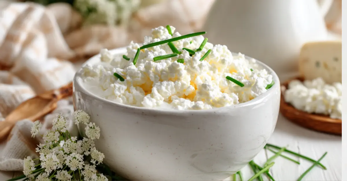 Creamy lactose free cottage cheese in a white bowl, garnished with fresh chives, with lactose free milk and cream in the background.