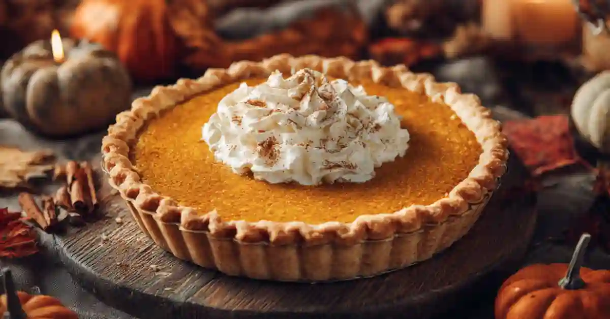 Classic Libby’s pumpkin pie with a golden crust and whipped cream on top, styled with autumn leaves and mini pumpkins on a rustic table.