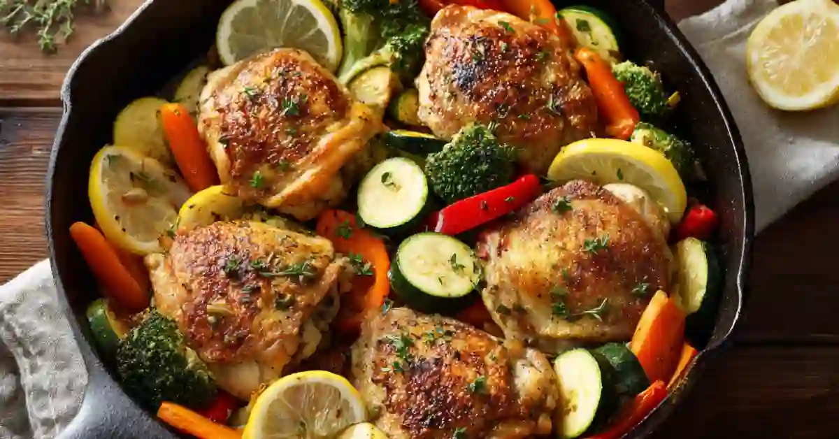 One-pan boneless skinless chicken thighs cooked with roasted vegetables in a cast-iron skillet, garnished with fresh herbs and lemon slices.