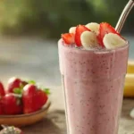 Strawberry banana chia seed smoothie in a glass topped with chia seeds, sliced strawberries, and banana, served on a rustic wooden table.