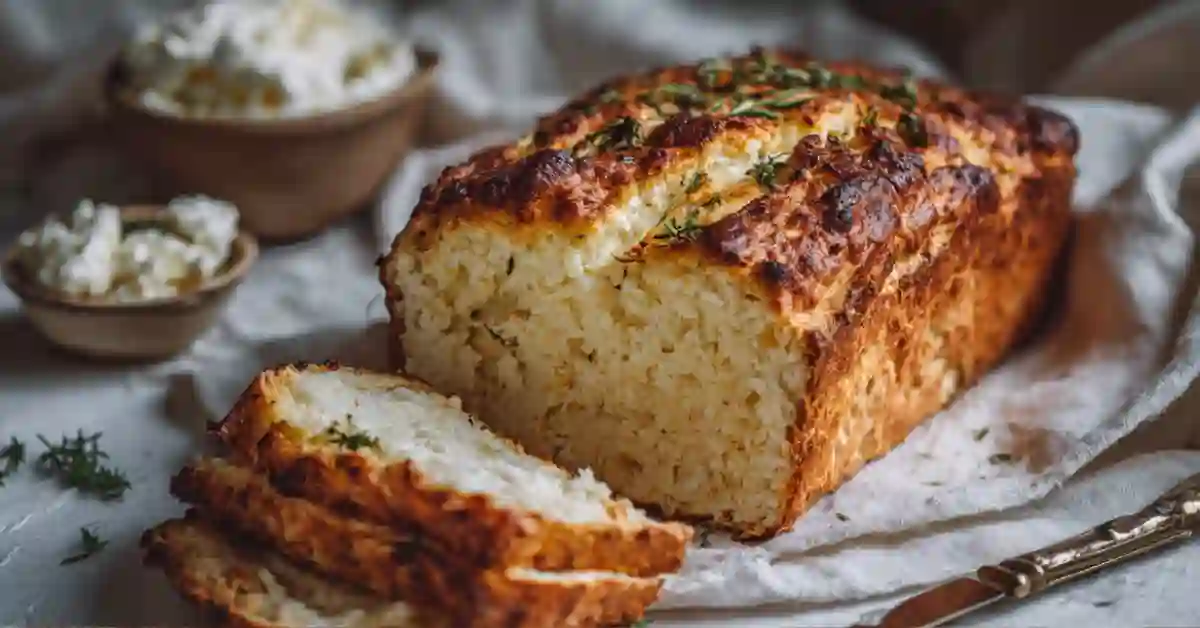 Freshly baked cottage cheese bread loaf on a wooden table with slices, golden crust, and a small bowl of cottage cheese on the side.