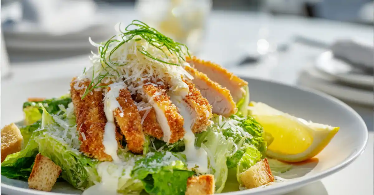Crispy chicken Caesar salad with golden breaded chicken, fresh romaine, Parmesan, croutons, and creamy dressing served on a modern white plate.
