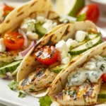 Grilled Mediterranean chicken tacos with cucumber, tomatoes, feta cheese, and yogurt sauce