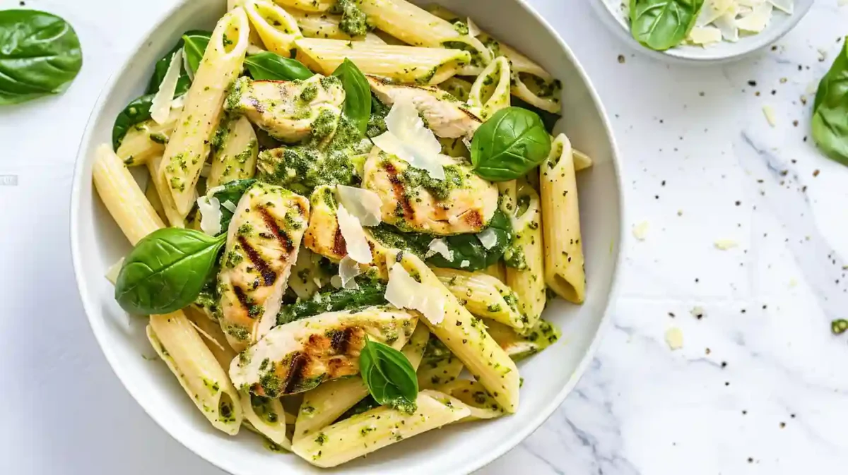 Creamy chicken pesto pasta with spinach and Parmesan in a white bowl
