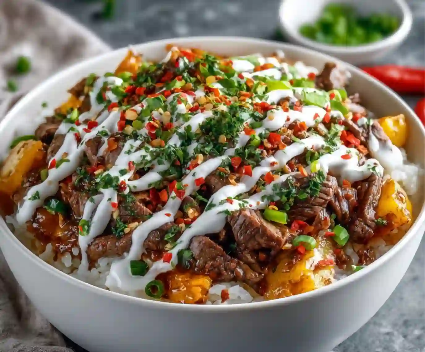 Korean BBQ Steak Rice Bowls with Spicy Cream Sauce